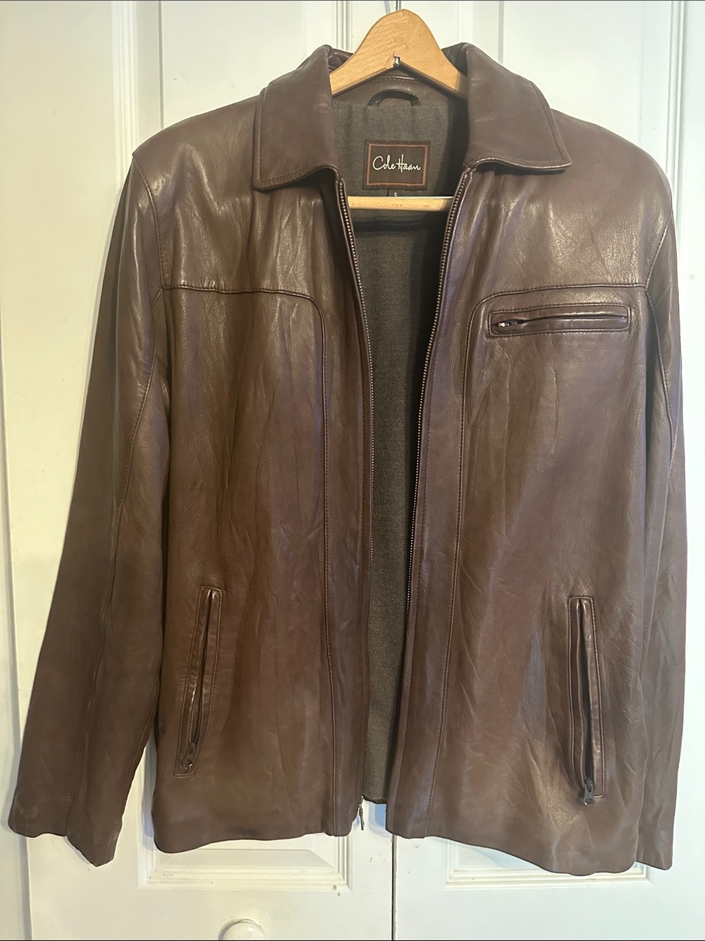 Cole Haan Brown Leather Zip-Front Bomber Jacket